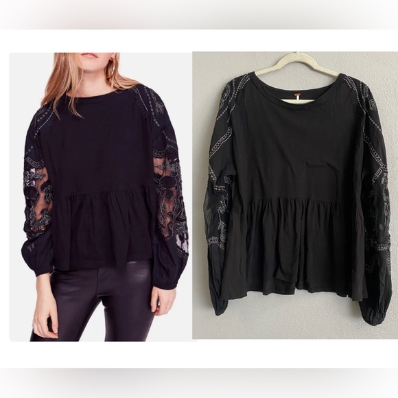 Free People Tops - Free People Top Size Small Black Long Sleeve Embroidery Sheer Floral Neutral
